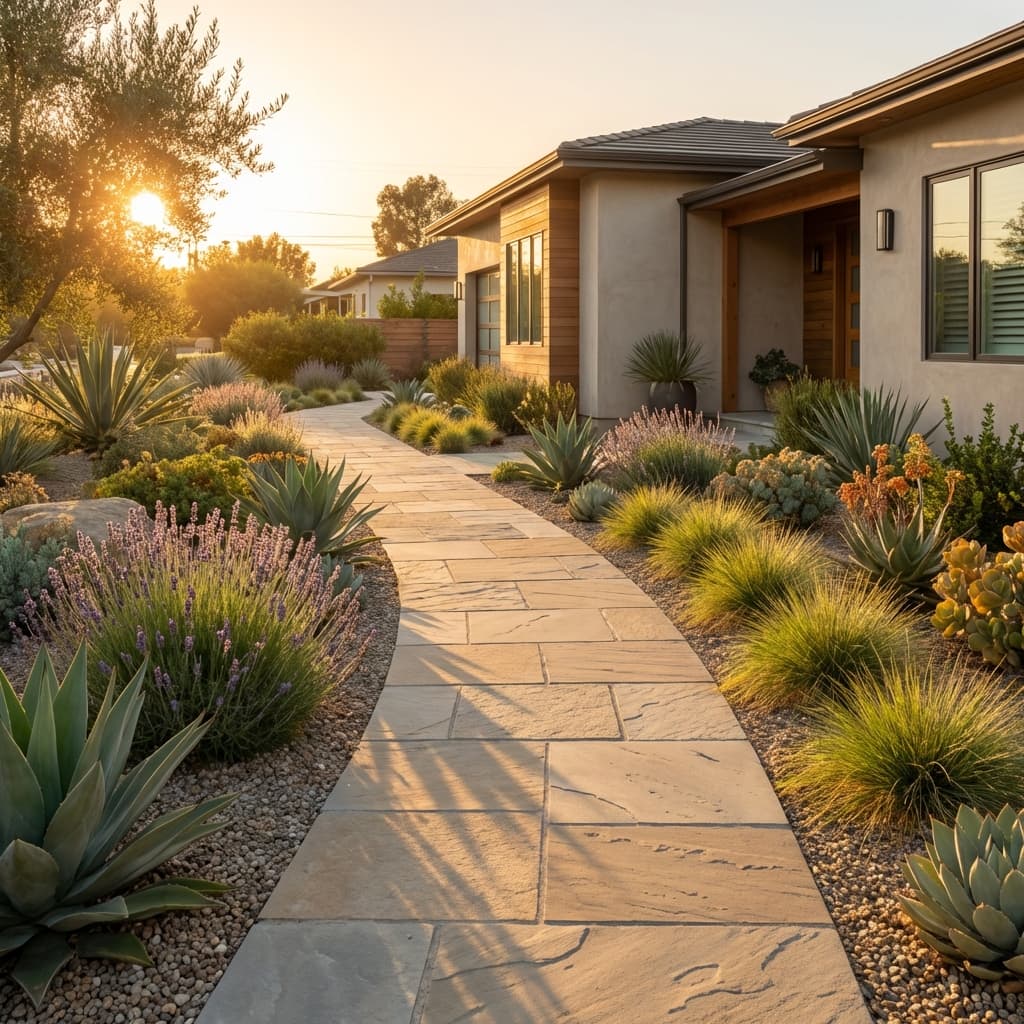 Stone paver walkway through garden