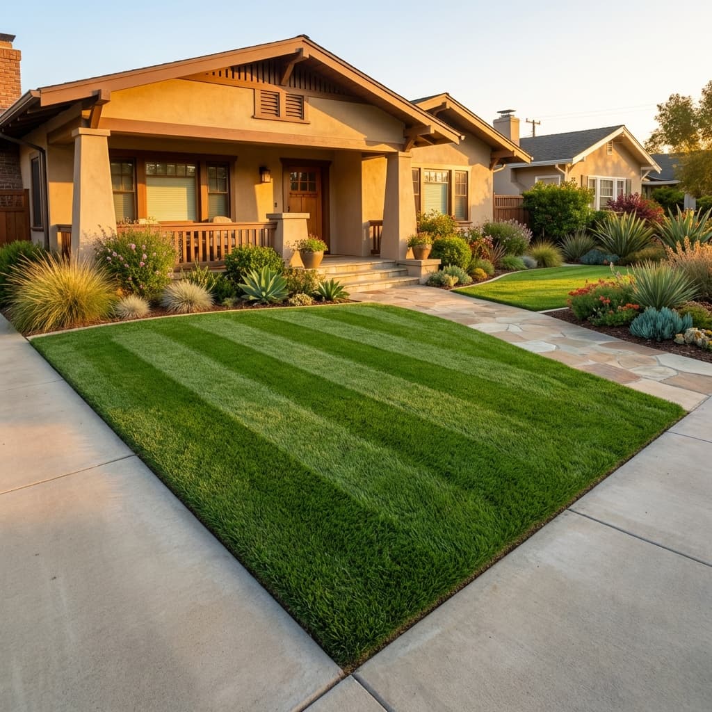 Manicured front lawn with mowing stripes