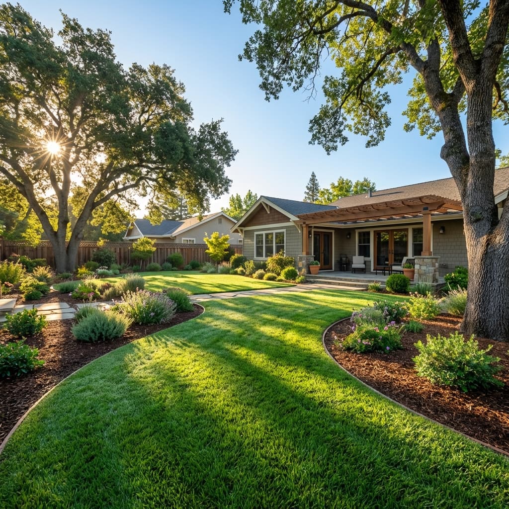 Backyard lawn with curved garden beds