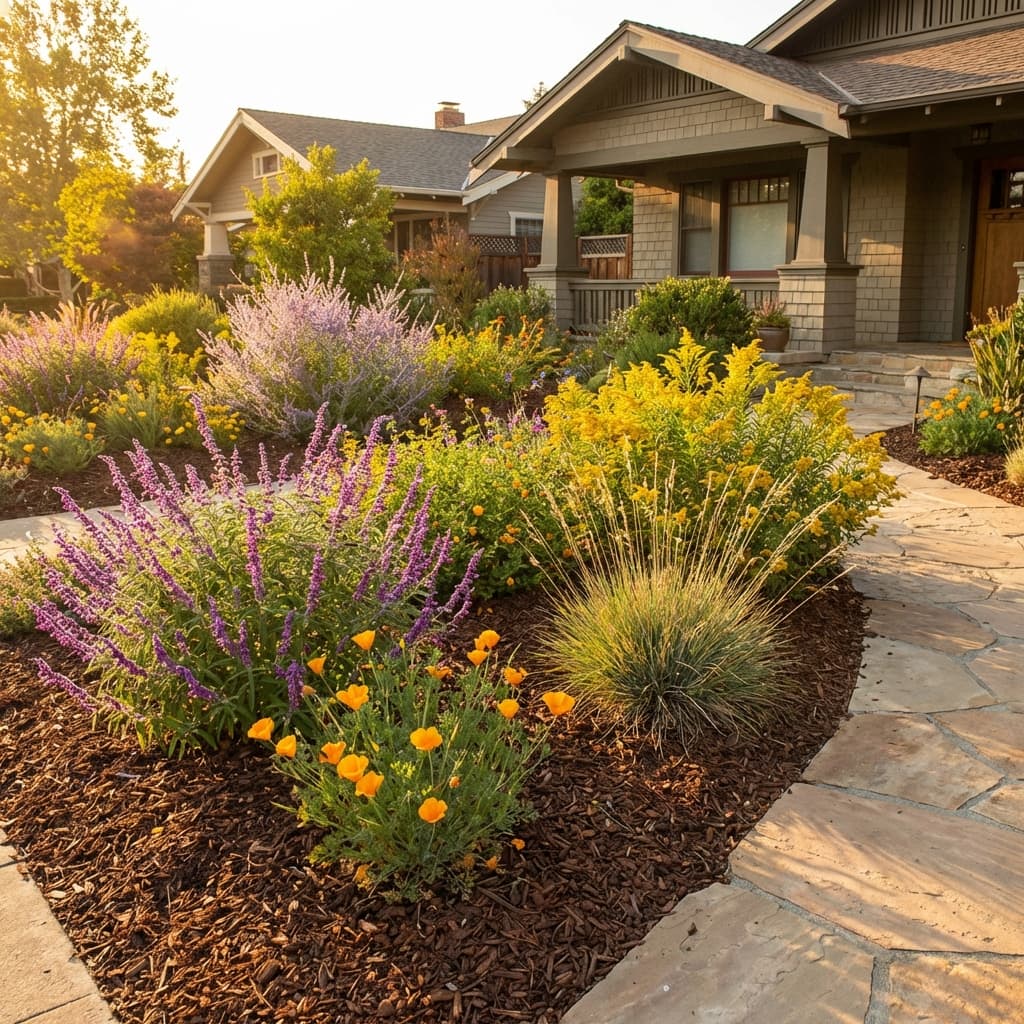 Colorful flower bed with California native plants